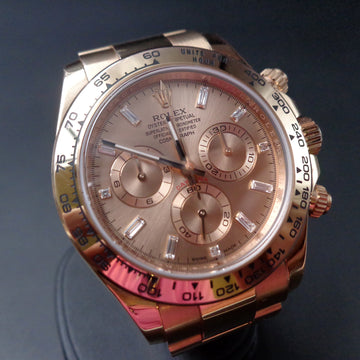 Rolex Cosmograph Daytona Rose Everose Gold 116505 with chocolate dial and baguette diamonds
