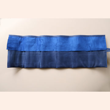 A High end handcrafted leather watch pouch in blue aged patina style leather with LFW logo