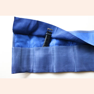 A High end handcrafted leather watch pouch in blue aged patina style leather with LFW logo