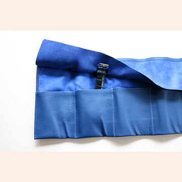 A High end handcrafted leather watch pouch in blue grain leather with LFW logo