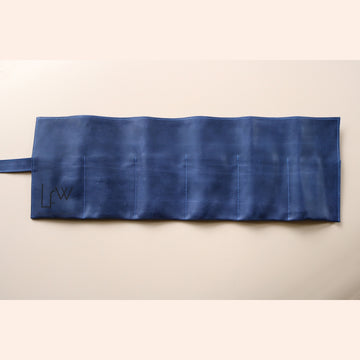 A High end handcrafted leather watch pouch in blue aged patina style leather with LFW logo