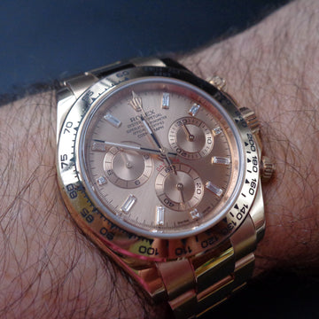 Rolex Cosmograph Daytona Rose Everose Gold 116505 with chocolate dial and baguette diamonds
